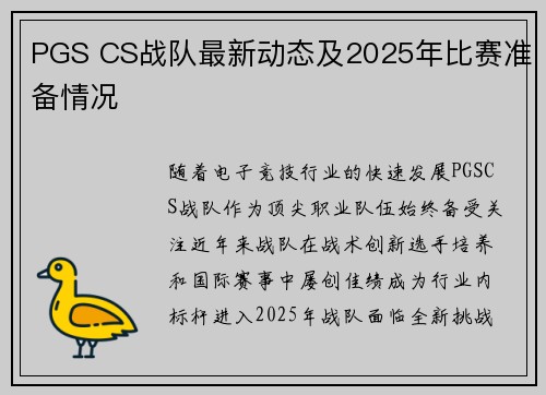 PGS CS战队最新动态及2025年比赛准备情况